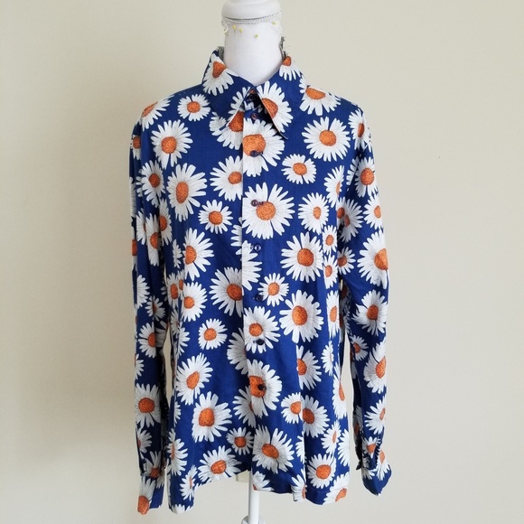 Vintage Tops - Vintage Handmade Blue White Floral Button Up Shirt